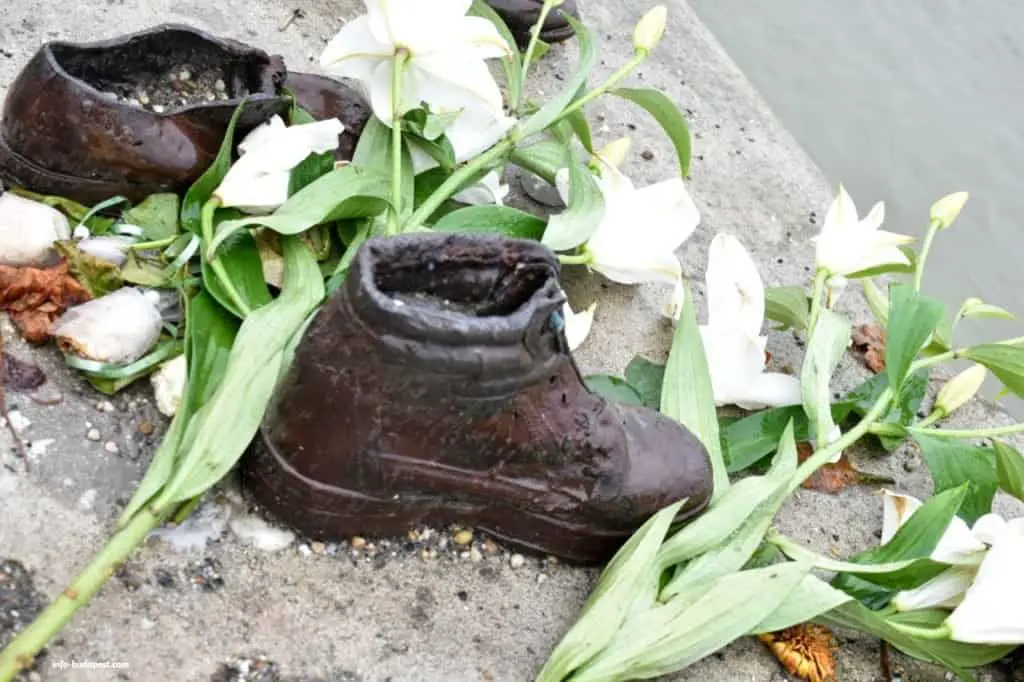 Shoes on the Danube bank on a rainy day