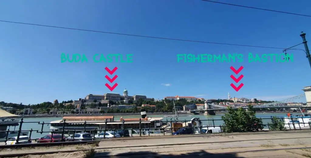 You are on the Pest side. You can see the Buda Castle and the Fisherman's Bastion.