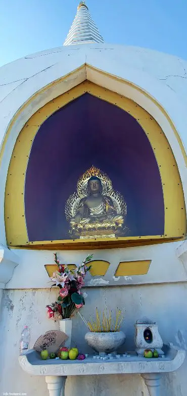 A gilded Buddha statue enclosed in glass on the top floor.