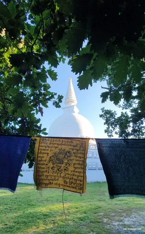 The Human Rights Park, yellow and blue flags, stupa